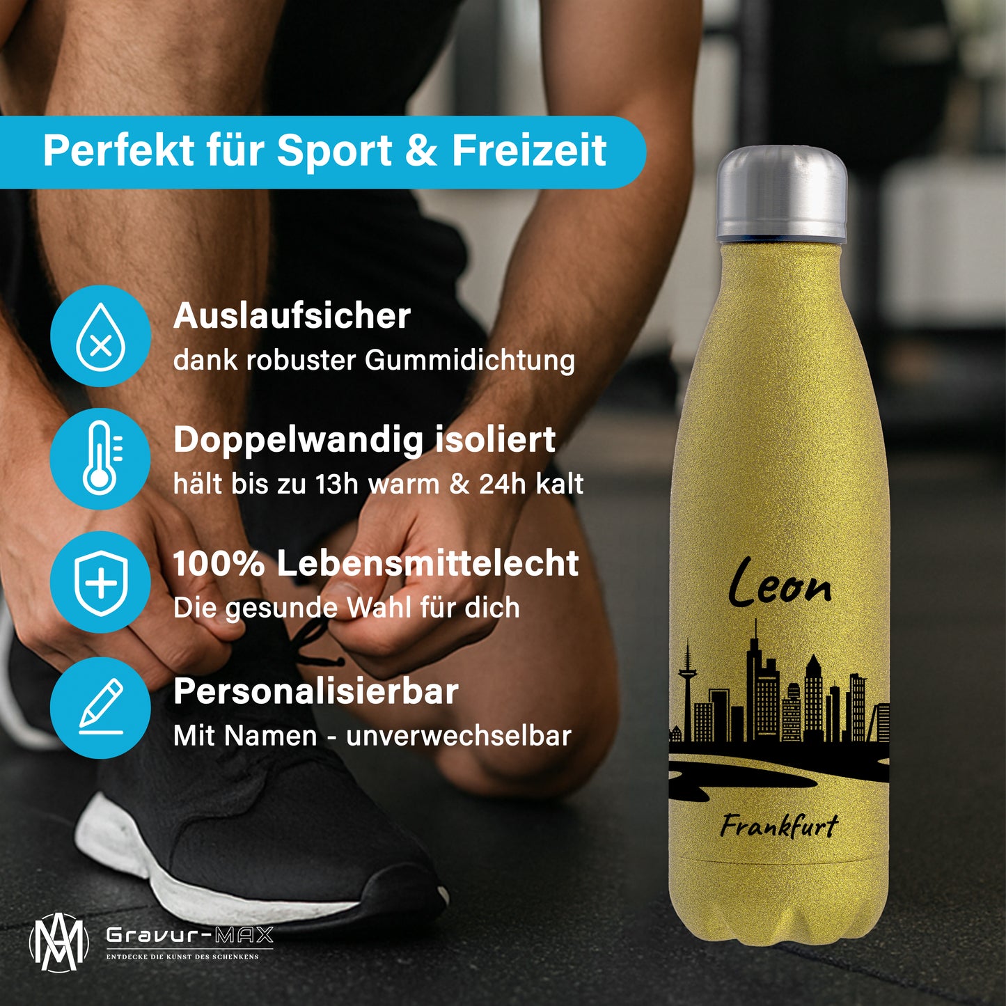 Glitzer Trinkflasche in Gold 500ml aus Edelstahl bedruckt mit der Skyline von Frankfurt personalisierbar mit Wunschname