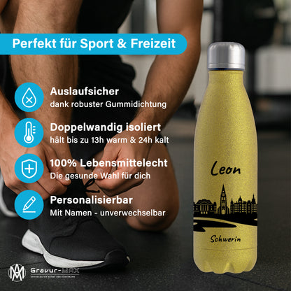Glitzer Trinkflasche in Gold 500ml aus Edelstahl bedruckt mit der Skyline von Schwerin personalisierbar mit Wunschname