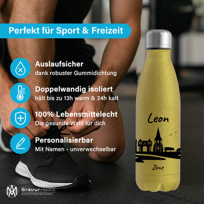 Glitzer Trinkflasche in Gold 500ml aus Edelstahl bedruckt mit der Skyline von Zons (Dormagen) personalisierbar mit Wunschname