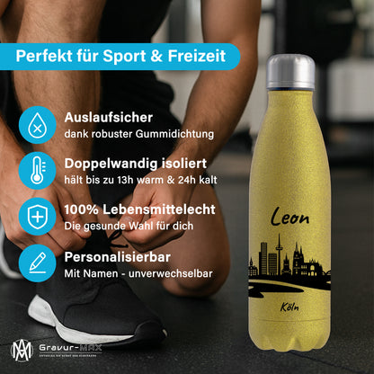 Glitzer Trinkflasche in Gold 500ml aus Edelstahl bedruckt mit der Skyline von Köln personalisierbar mit Wunschname