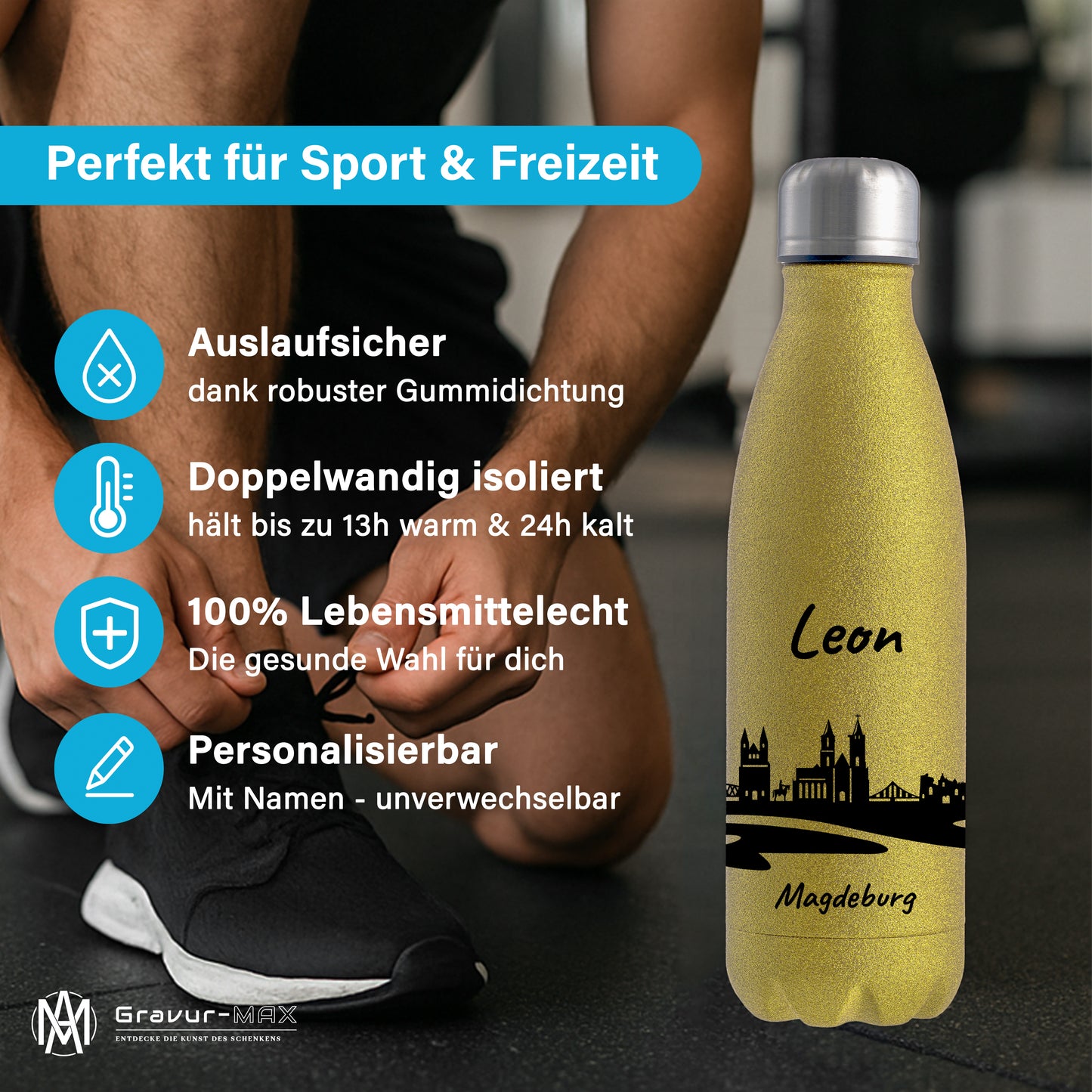 Glitzer Trinkflasche in Gold 500ml aus Edelstahl bedruckt mit der Skyline von Magdeburg personalisierbar mit Wunschname