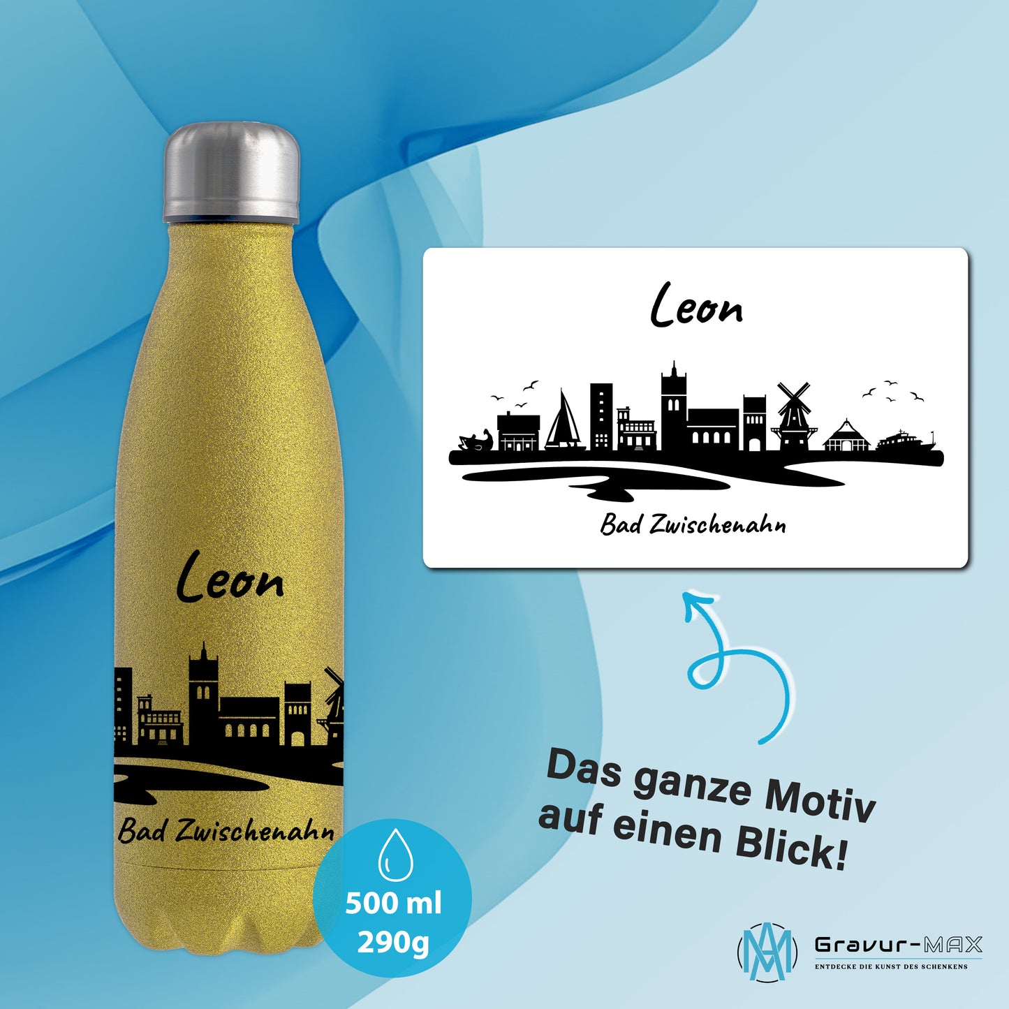 Glitzer Trinkflasche in Gold 500ml aus Edelstahl bedruckt mit der Skyline von Bad Zwischenahn personalisierbar mit Wunschname
