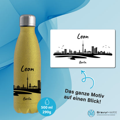 Glitzer Trinkflasche in Gold 500ml aus Edelstahl bedruckt mit der Skyline von Berlin personalisierbar mit Wunschname