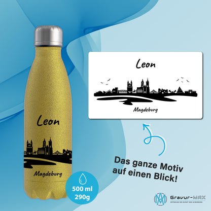 Glitzer Trinkflasche in Gold 500ml aus Edelstahl bedruckt mit der Skyline von Magdeburg personalisierbar mit Wunschname