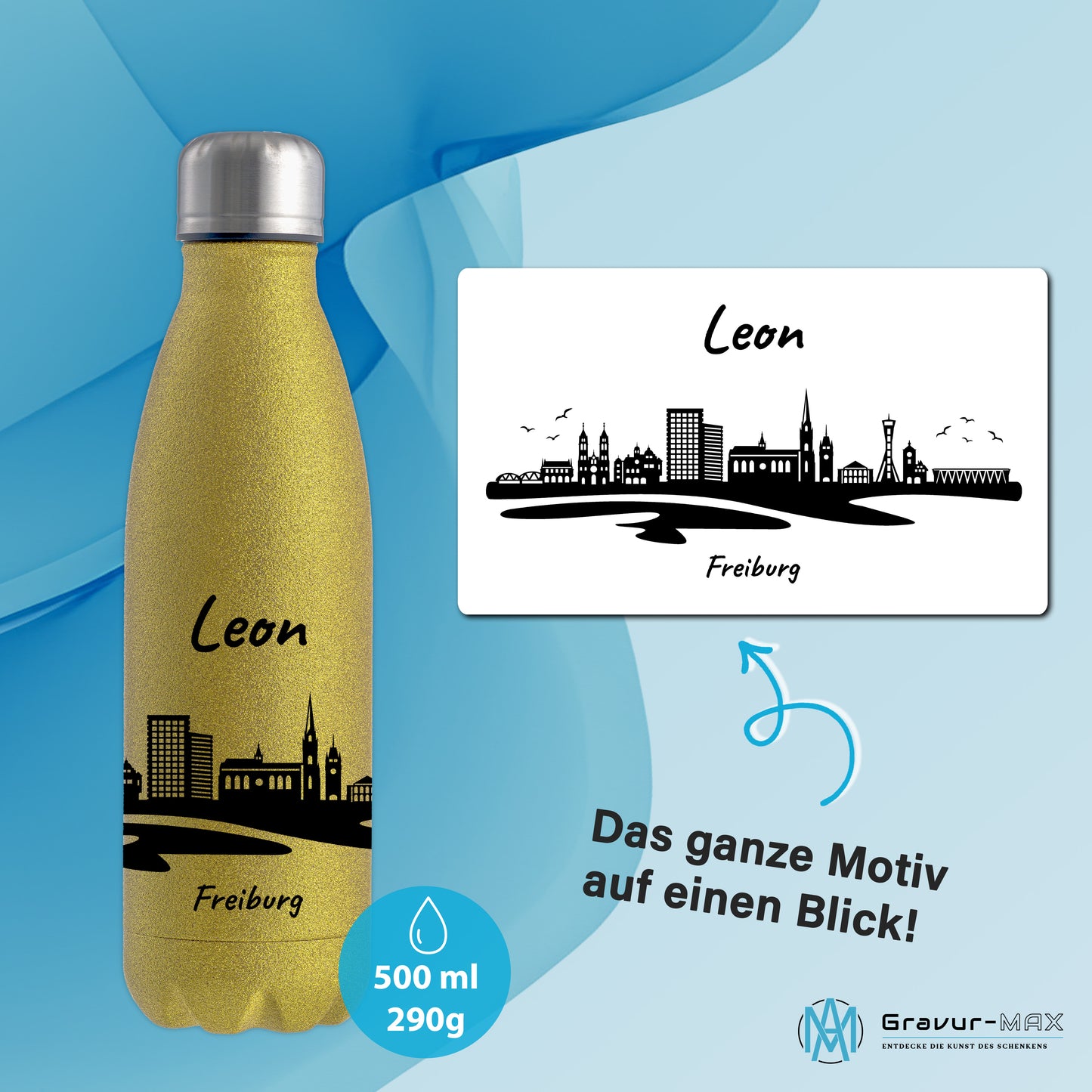 Glitzer Trinkflasche in Gold 500ml aus Edelstahl bedruckt mit der Skyline von Freiburg personalisierbar mit Wunschname