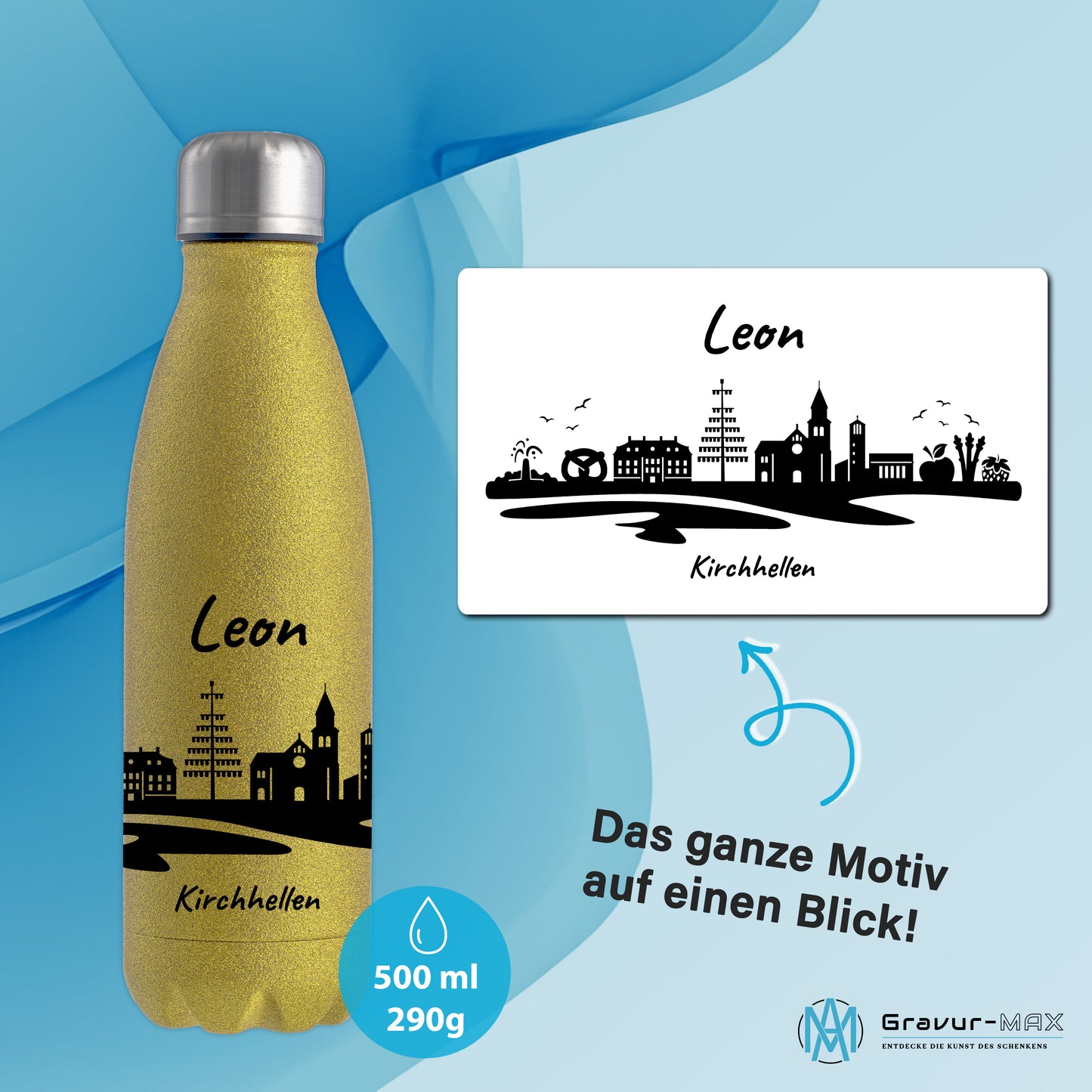 Glitzer Trinkflasche in Gold 500ml aus Edelstahl bedruckt mit der Skyline von Kirchhellen personalisierbar mit Wunschname