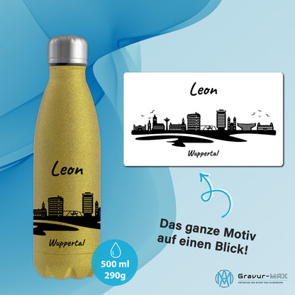 Glitzer Trinkflasche in Gold 500ml aus Edelstahl bedruckt mit der Skyline von Wuppertal personalisierbar mit Wunschname