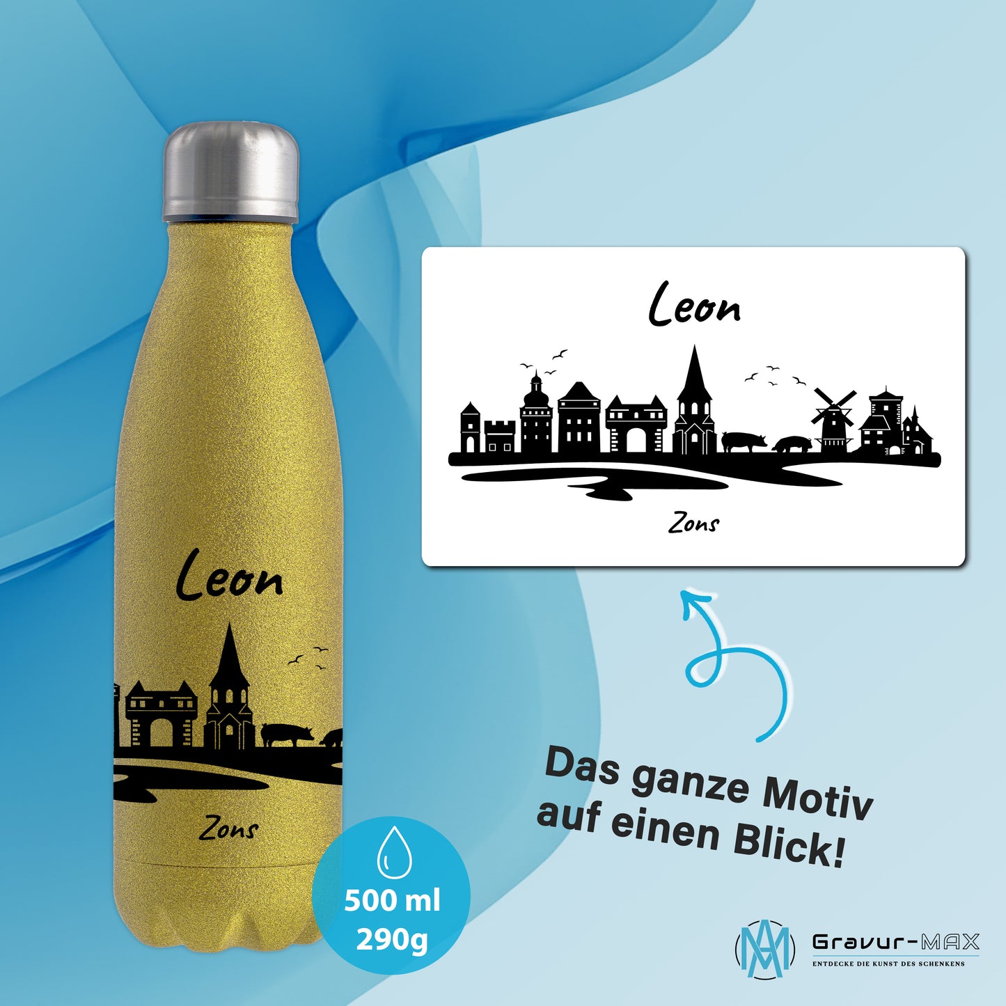 Glitzer Trinkflasche in Gold 500ml aus Edelstahl bedruckt mit der Skyline von Zons (Dormagen) personalisierbar mit Wunschname