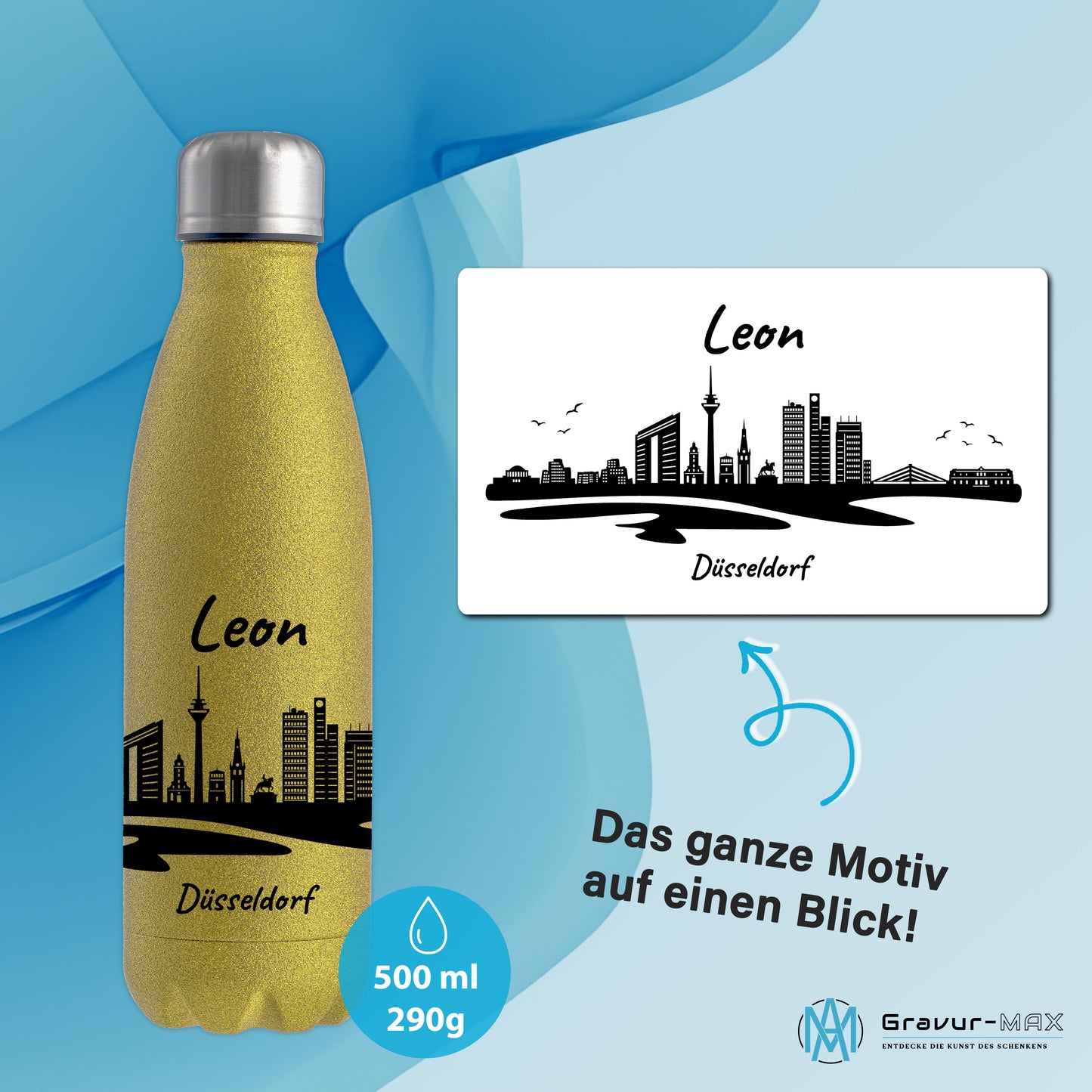 Glitzer Trinkflasche in Gold 500ml aus Edelstahl bedruckt mit der Skyline von Düsseldorf personalisierbar mit Wunschname