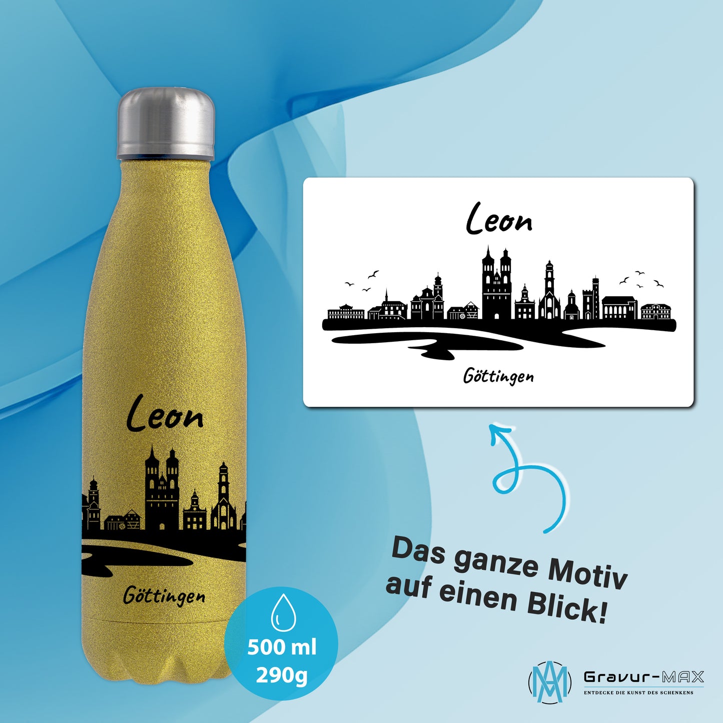 Glitzer Trinkflasche in Gold 500ml aus Edelstahl bedruckt mit der Skyline von Göttingen personalisierbar mit Wunschname