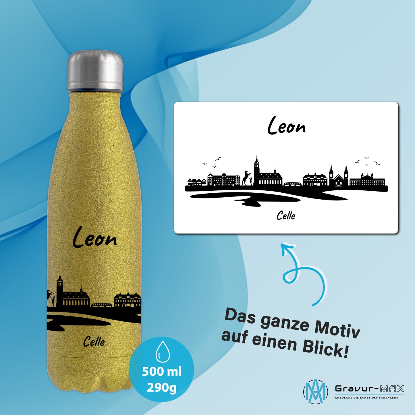 Glitzer Trinkflasche in Gold 500ml aus Edelstahl bedruckt mit der Skyline von Celle personalisierbar mit Wunschname