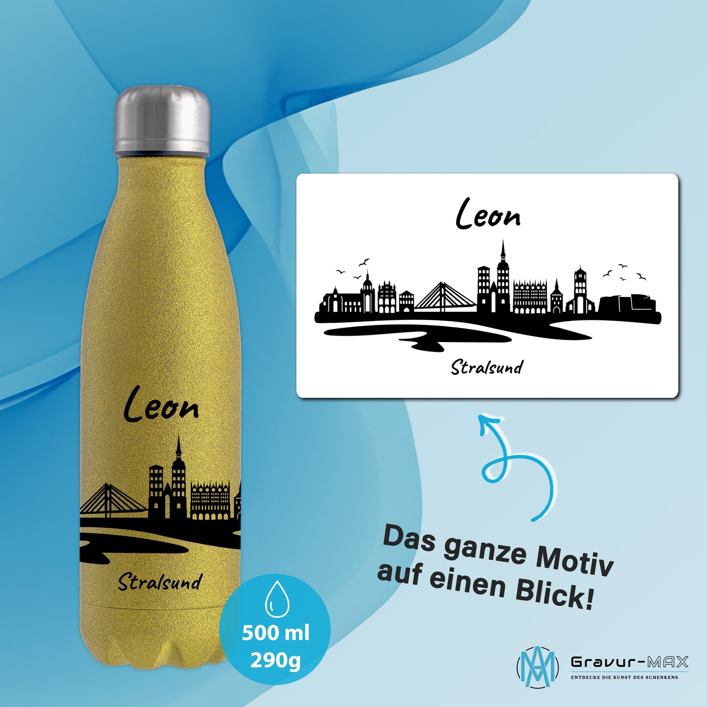 Glitzer Trinkflasche in Gold 500ml aus Edelstahl bedruckt mit der Skyline von Stralsund personalisierbar mit Wunschname