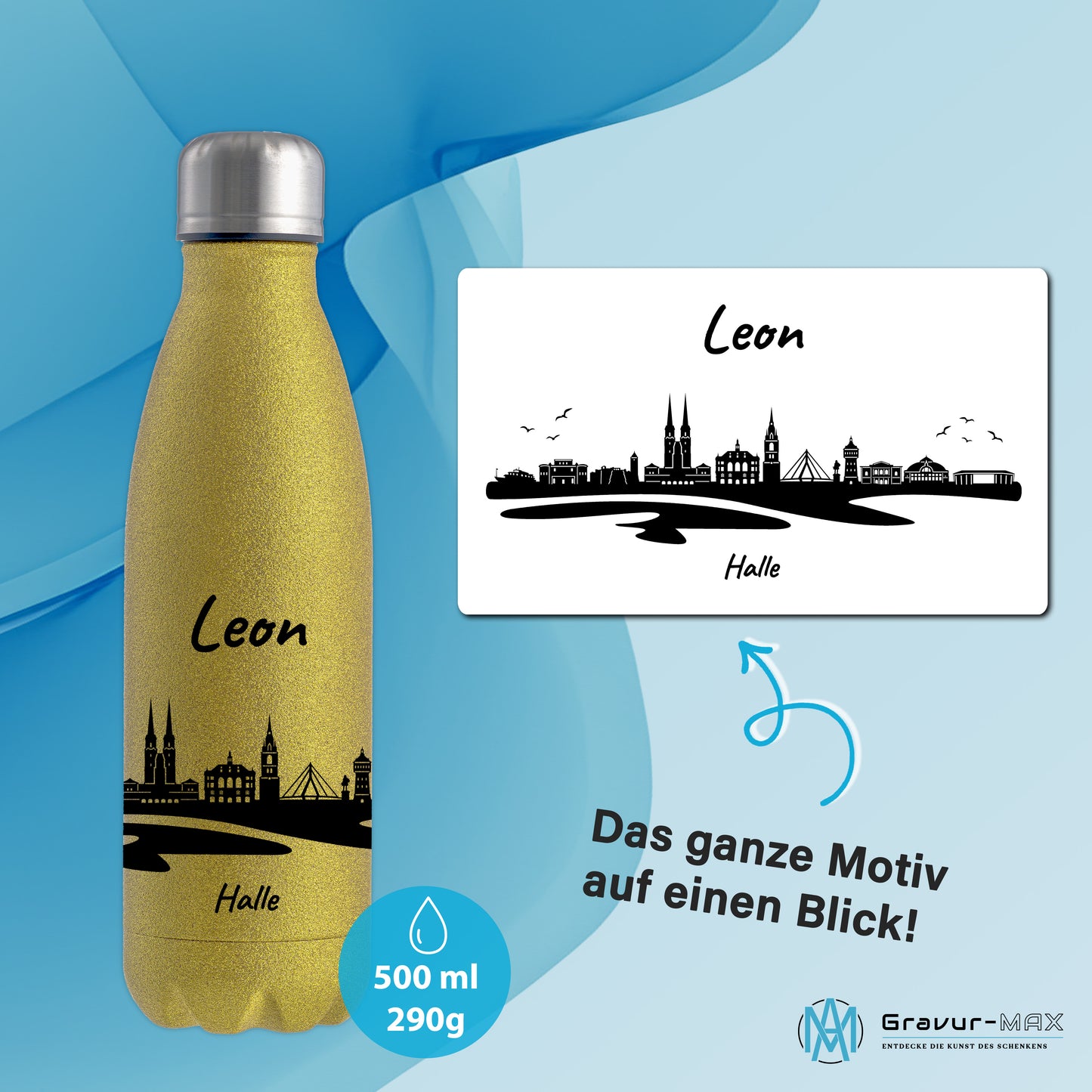 Glitzer Trinkflasche in Gold 500ml aus Edelstahl bedruckt mit der Skyline von Halle personalisierbar mit Wunschname