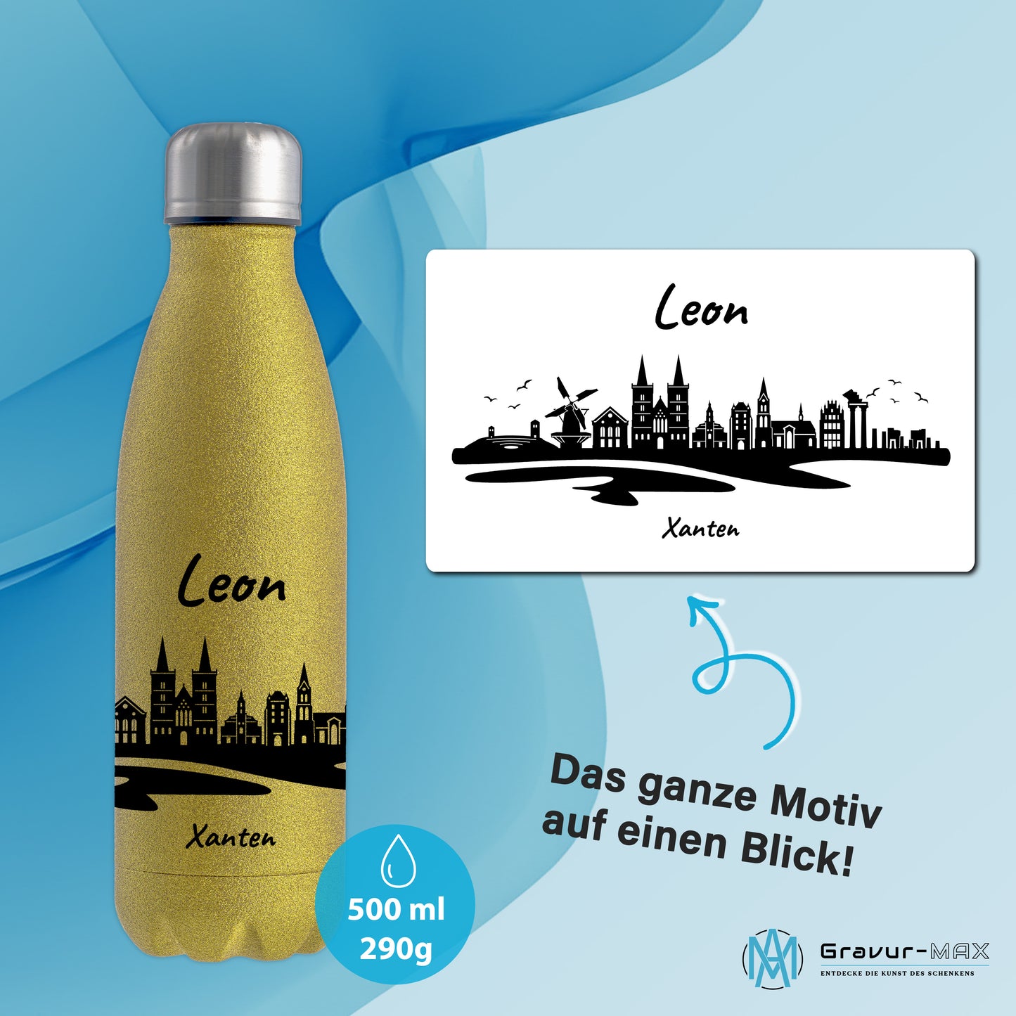 Glitzer Trinkflasche in Gold 500ml aus Edelstahl bedruckt mit der Skyline von Xanten personalisierbar mit Wunschname