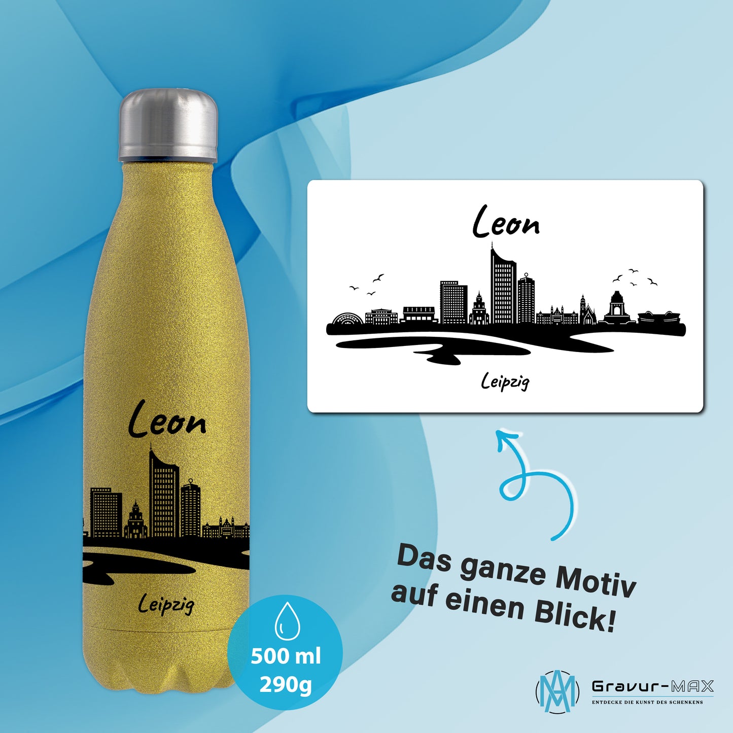 Glitzer Trinkflasche in Gold 500ml aus Edelstahl bedruckt mit der Skyline von Leipzig personalisierbar mit Wunschname