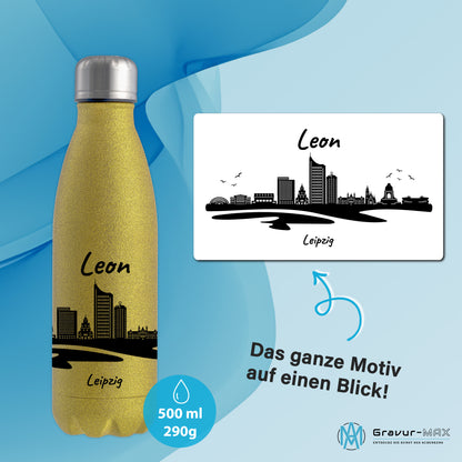 Glitzer Trinkflasche in Gold 500ml aus Edelstahl bedruckt mit der Skyline von Leipzig personalisierbar mit Wunschname