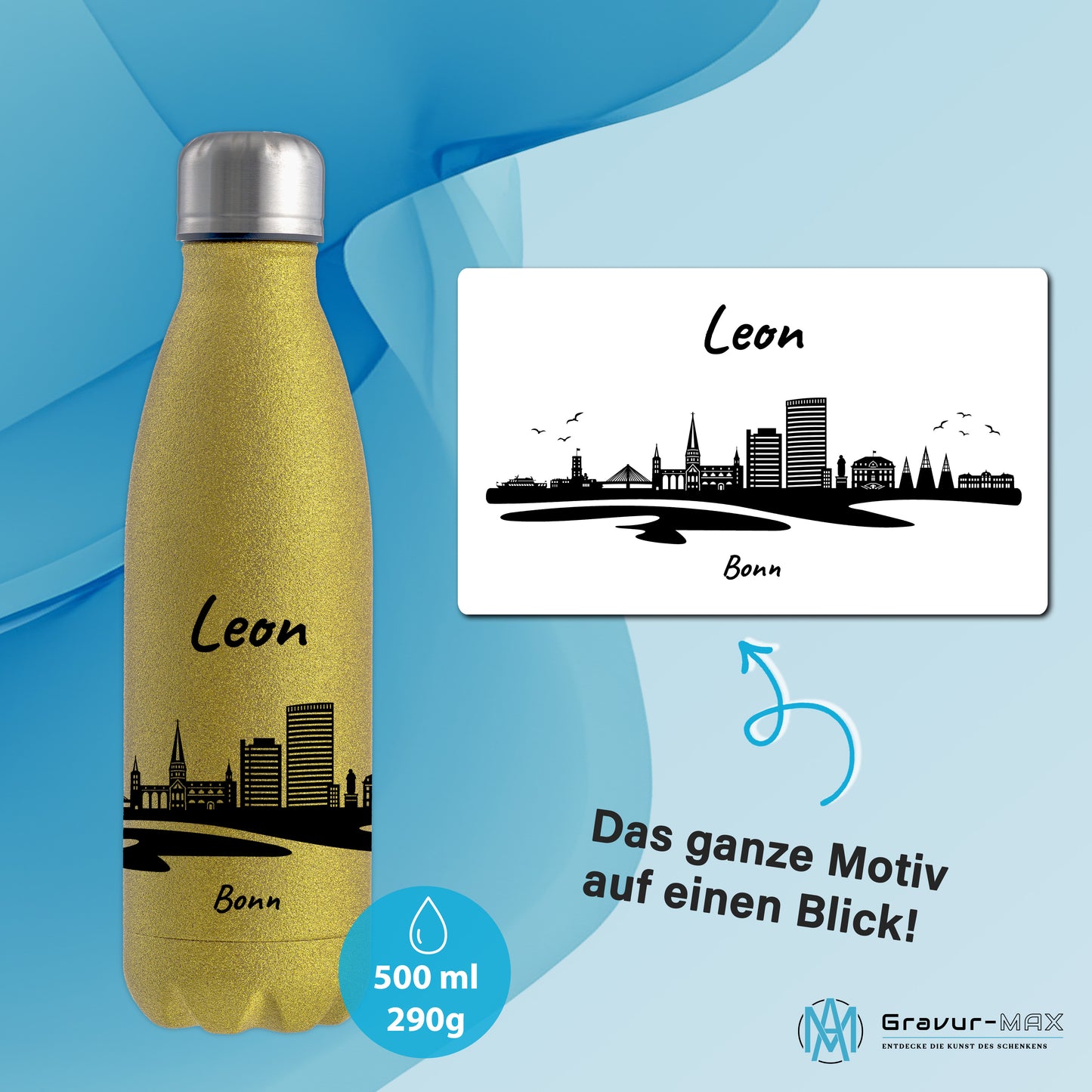 Glitzer Trinkflasche in Gold 500ml aus Edelstahl bedruckt mit der Skyline von Bonn personalisierbar mit Wunschname