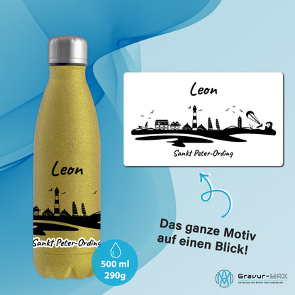 Glitzer Trinkflasche in Gold 500ml aus Edelstahl bedruckt mit der Skyline von Sankt Peter-Ording personalisierbar mit Wunschname