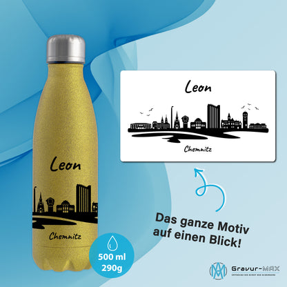 Glitzer Trinkflasche in Gold 500ml aus Edelstahl bedruckt mit der Skyline von Chemnitz personalisierbar mit Wunschname