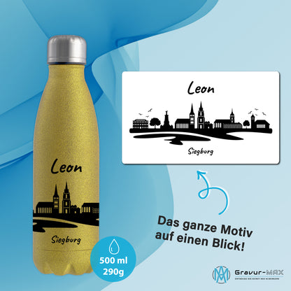 Glitzer Trinkflasche in Gold 500ml aus Edelstahl bedruckt mit der Skyline von Siegburg personalisierbar mit Wunschname