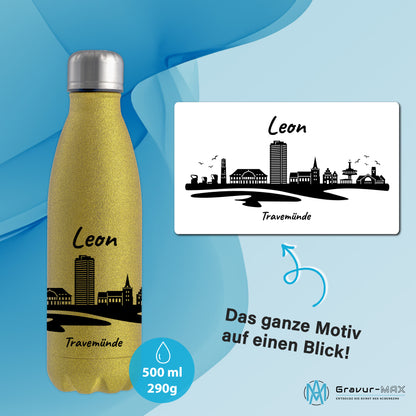 Glitzer Trinkflasche in Gold 500ml aus Edelstahl bedruckt mit der Skyline von Travemünde personalisierbar mit Wunschname