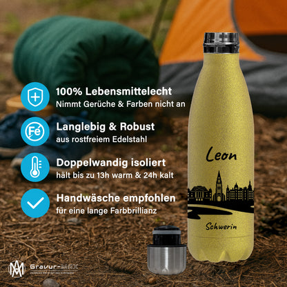 Glitzer Trinkflasche in Gold 500ml aus Edelstahl bedruckt mit der Skyline von Schwerin personalisierbar mit Wunschname