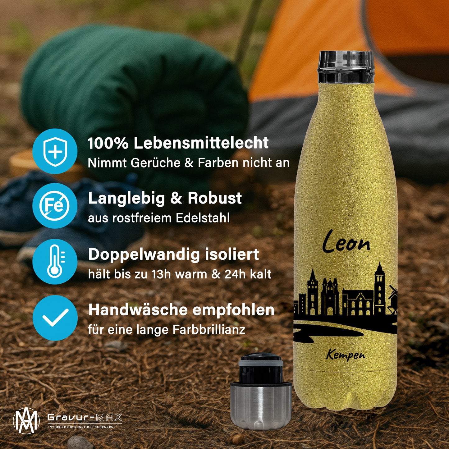Glitzer Trinkflasche in Gold 500ml aus Edelstahl bedruckt mit der Skyline von Kempen personalisierbar mit Wunschname