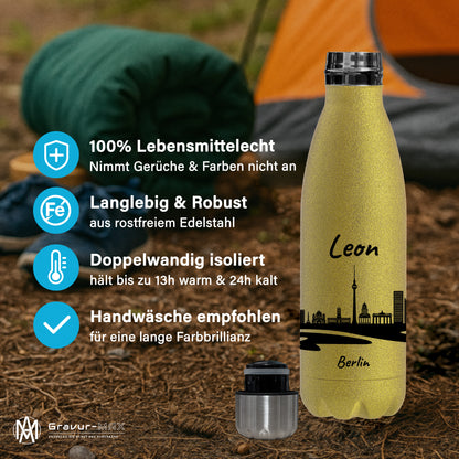 Glitzer Trinkflasche in Gold 500ml aus Edelstahl bedruckt mit der Skyline von Berlin personalisierbar mit Wunschname