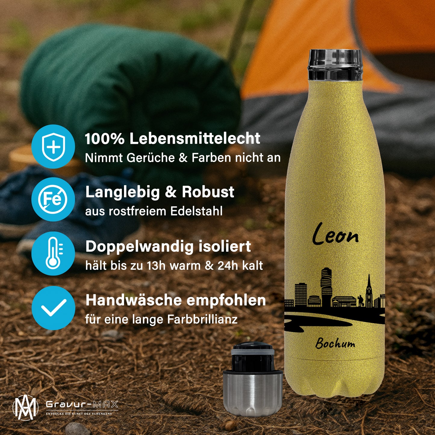 Glitzer Trinkflasche in Gold 500ml aus Edelstahl bedruckt mit der Skyline von Bochum personalisierbar mit Wunschname