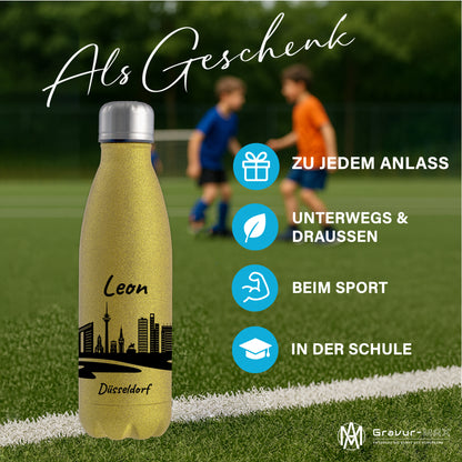 Glitzer Trinkflasche in Gold 500ml aus Edelstahl bedruckt mit der Skyline von Düsseldorf personalisierbar mit Wunschname