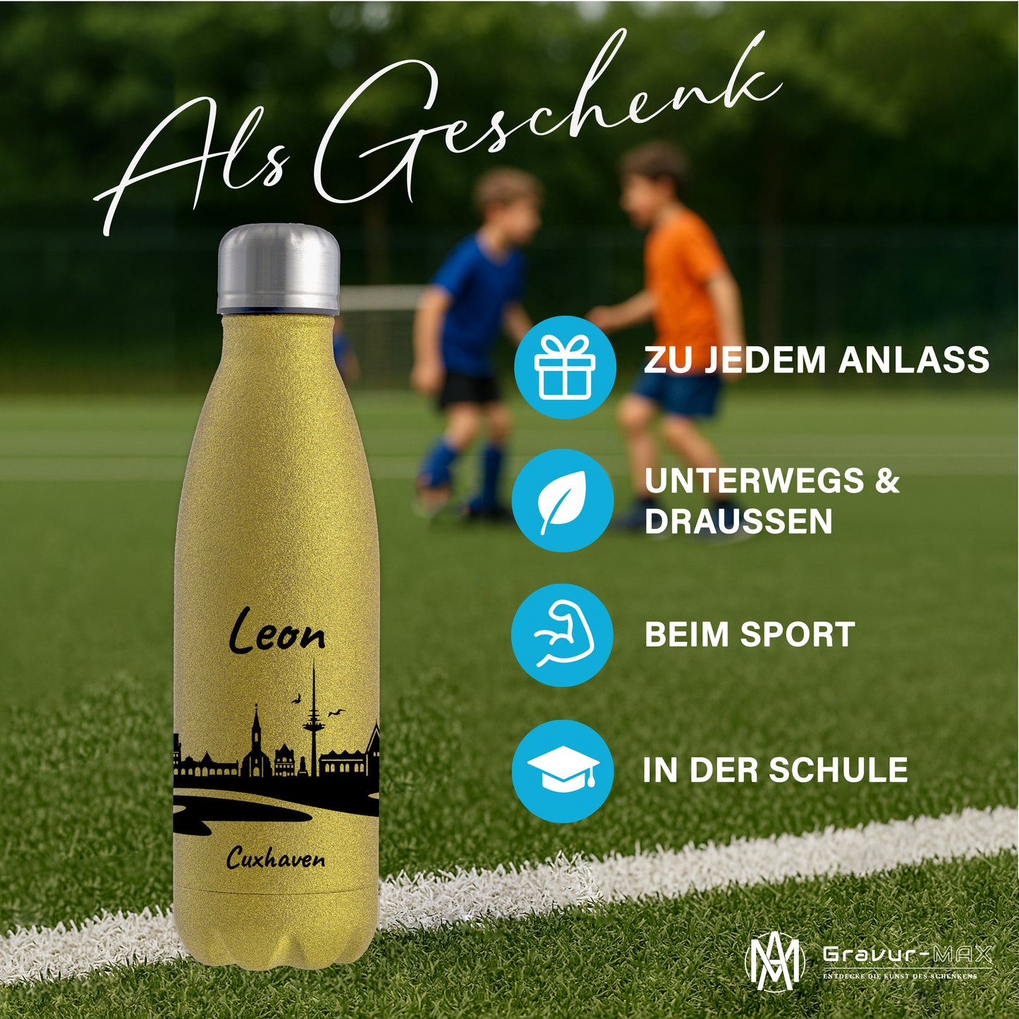 Glitzer Trinkflasche in Gold 500ml aus Edelstahl bedruckt mit der Skyline von Cuxhaven personalisierbar mit Wunschname