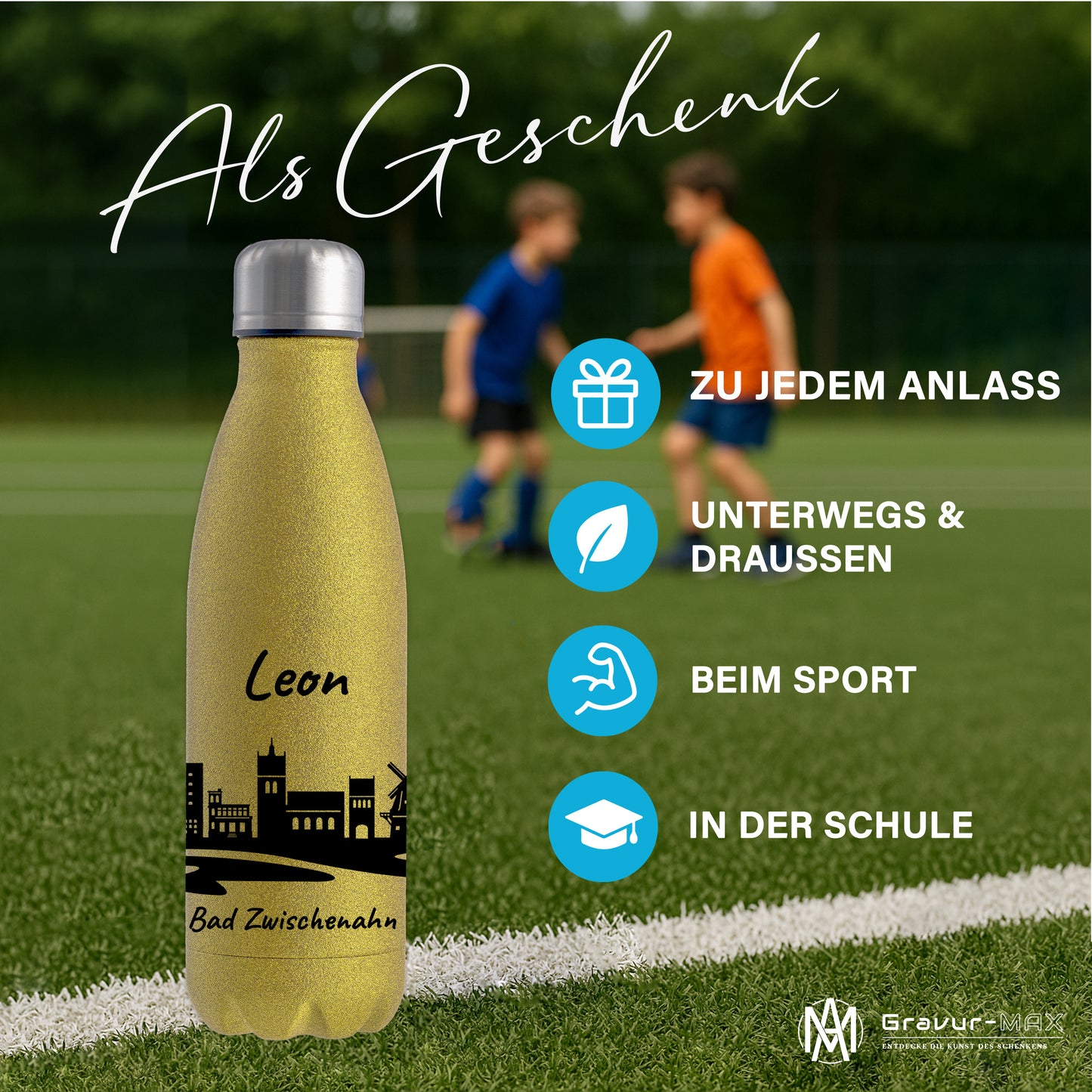 Glitzer Trinkflasche in Gold 500ml aus Edelstahl bedruckt mit der Skyline von Bad Zwischenahn personalisierbar mit Wunschname