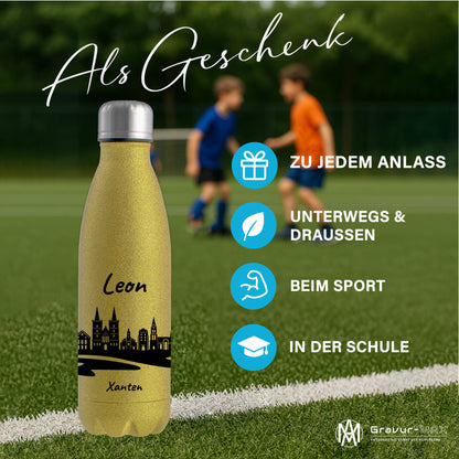 Glitzer Trinkflasche in Gold 500ml aus Edelstahl bedruckt mit der Skyline von Xanten personalisierbar mit Wunschname
