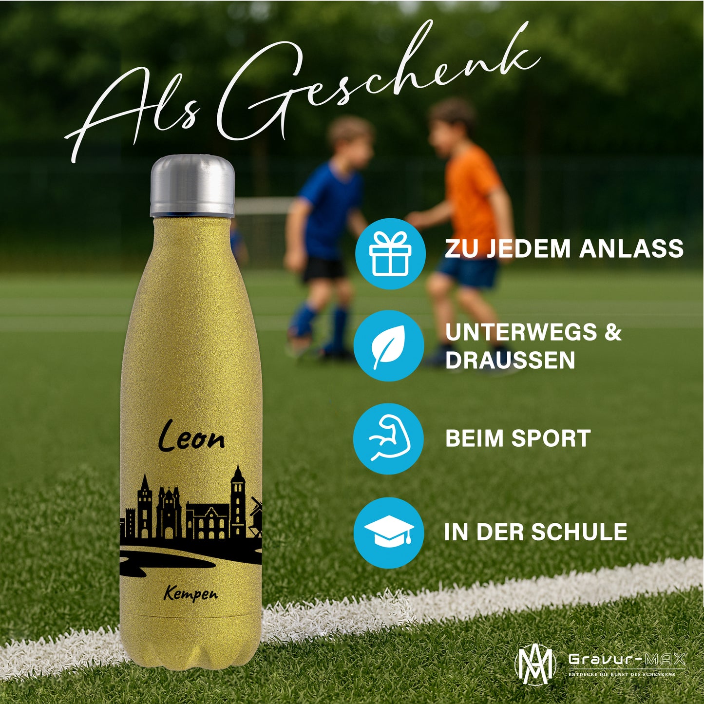 Glitzer Trinkflasche in Gold 500ml aus Edelstahl bedruckt mit der Skyline von Kempen personalisierbar mit Wunschname