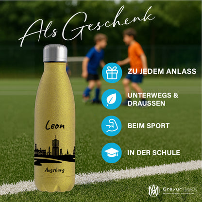Glitzer Trinkflasche in Gold 500ml aus Edelstahl bedruckt mit der Skyline von Augsburg personalisierbar mit Wunschname