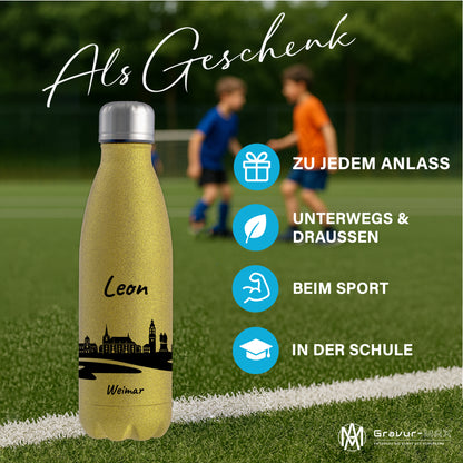 Glitzer Trinkflasche in Gold 500ml aus Edelstahl bedruckt mit der Skyline von Weimar personalisierbar mit Wunschname