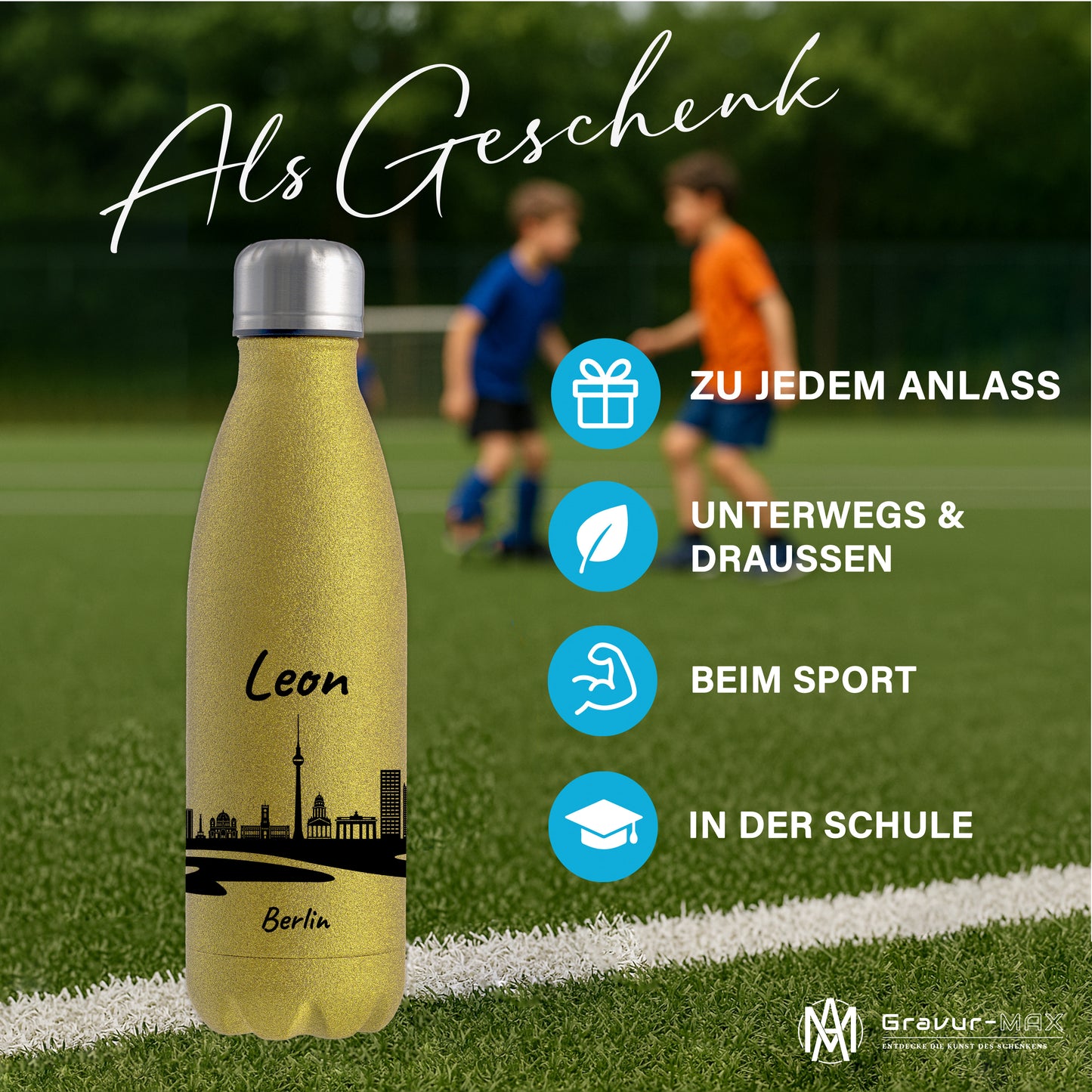Glitzer Trinkflasche in Gold 500ml aus Edelstahl bedruckt mit der Skyline von Berlin personalisierbar mit Wunschname