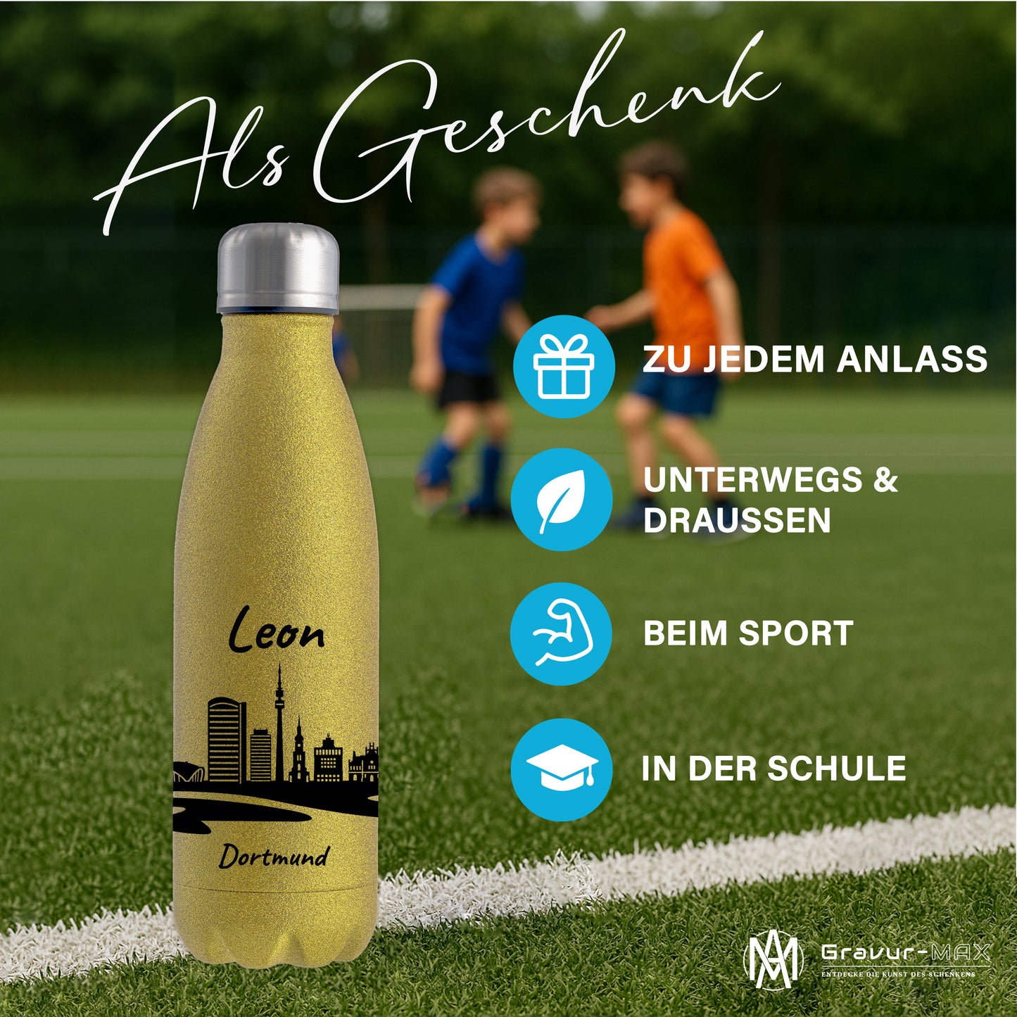 Glitzer Trinkflasche in Gold 500ml aus Edelstahl bedruckt mit der Skyline von Dortmund personalisierbar mit Wunschname