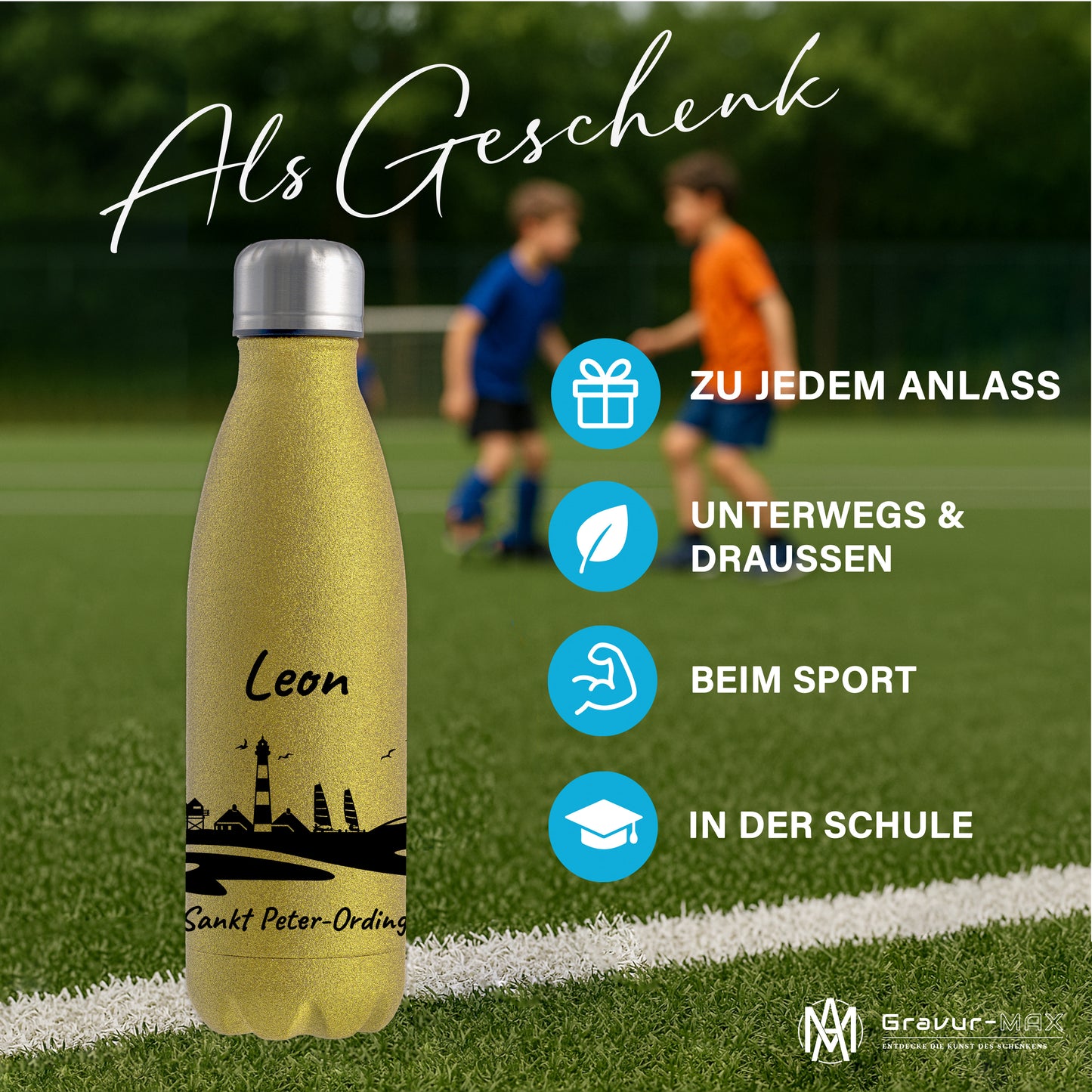 Glitzer Trinkflasche in Gold 500ml aus Edelstahl bedruckt mit der Skyline von Sankt Peter-Ording personalisierbar mit Wunschname