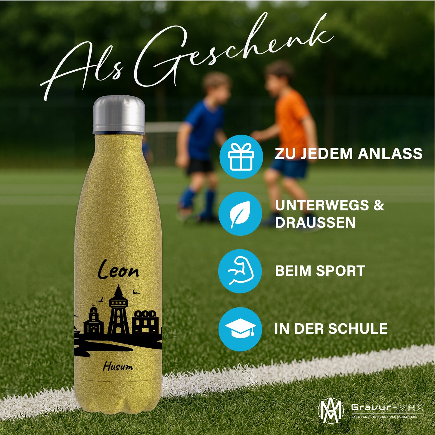 Glitzer Trinkflasche in Gold 500ml aus Edelstahl bedruckt mit der Skyline von Husum personalisierbar mit Wunschname