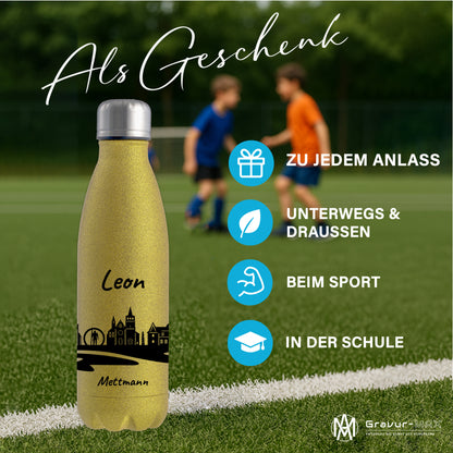 Glitzer Trinkflasche in Gold 500ml aus Edelstahl bedruckt mit der Skyline von Mettmann personalisierbar mit Wunschname