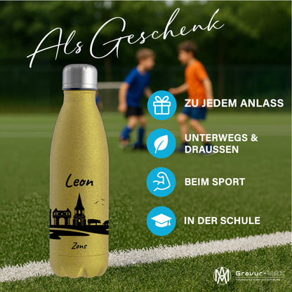 Glitzer Trinkflasche in Gold 500ml aus Edelstahl bedruckt mit der Skyline von Zons (Dormagen) personalisierbar mit Wunschname