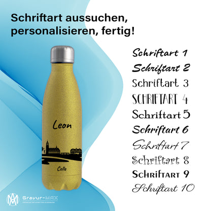 Glitzer Trinkflasche in Gold 500ml aus Edelstahl bedruckt mit der Skyline von Celle personalisierbar mit Wunschname