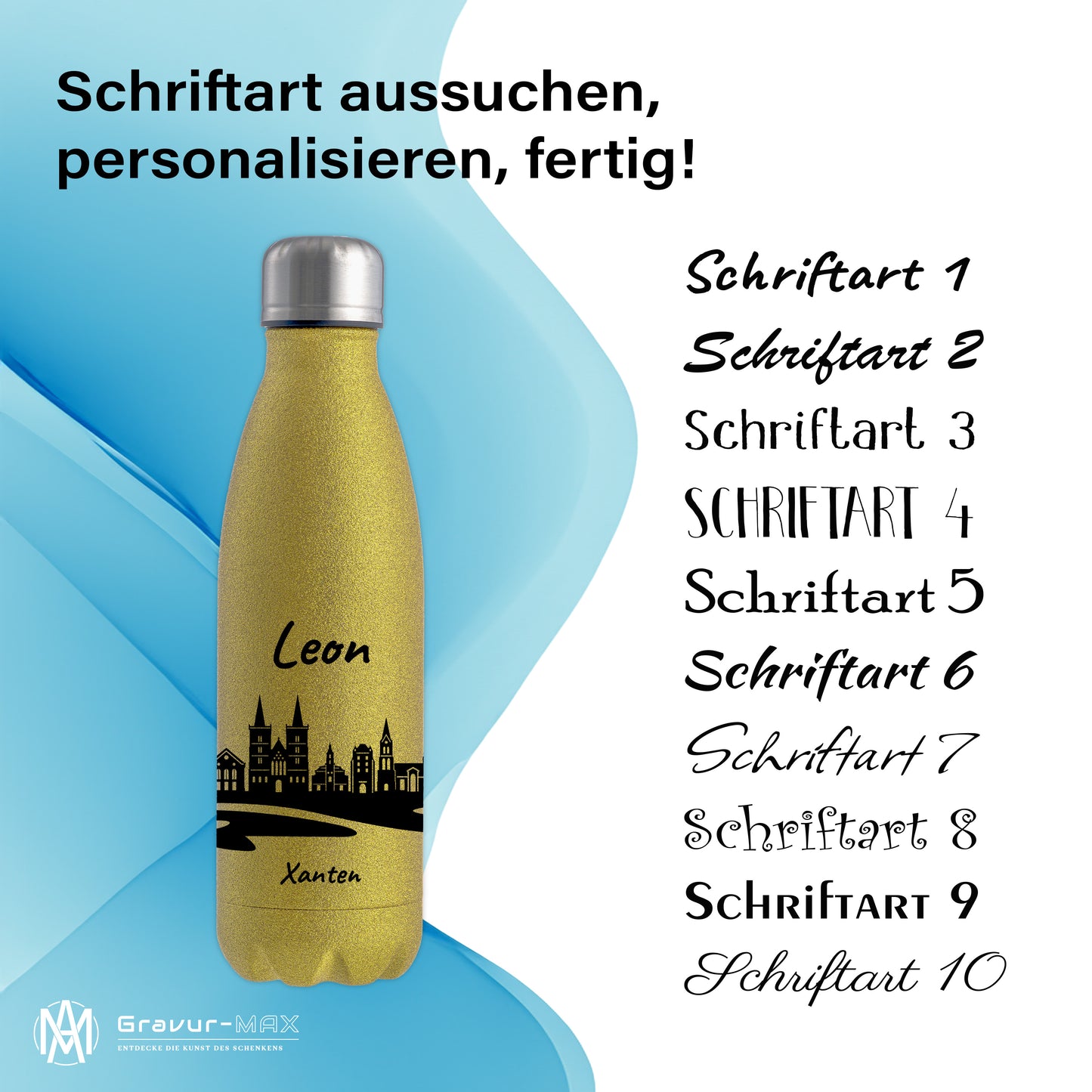 Glitzer Trinkflasche in Gold 500ml aus Edelstahl bedruckt mit der Skyline von Xanten personalisierbar mit Wunschname