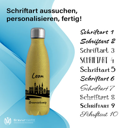 Glitzer Trinkflasche in Gold 500ml aus Edelstahl bedruckt mit der Skyline von Braunschweig personalisierbar mit Wunschname