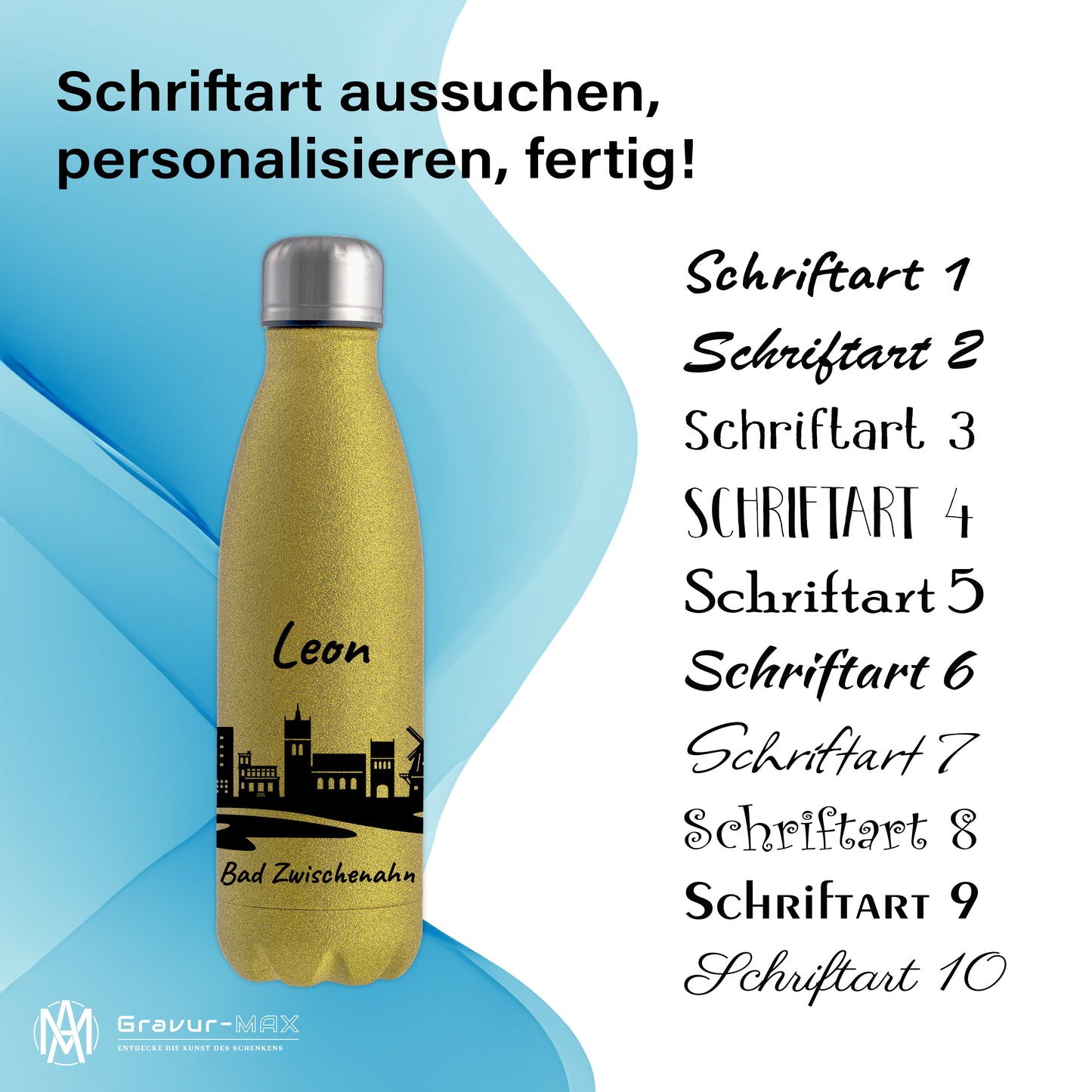 Glitzer Trinkflasche in Gold 500ml aus Edelstahl bedruckt mit der Skyline von Bad Zwischenahn personalisierbar mit Wunschname