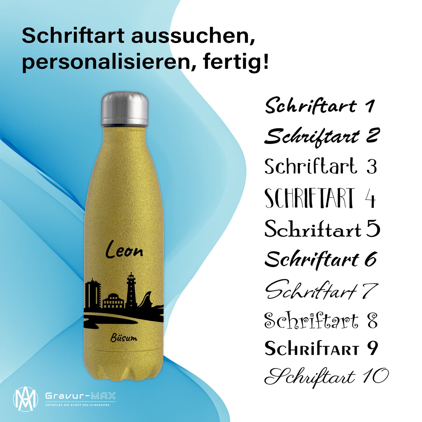Glitzer Trinkflasche in Gold 500ml aus Edelstahl bedruckt mit der Skyline von Büsum personalisierbar mit Wunschname