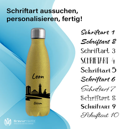 Glitzer Trinkflasche in Gold 500ml aus Edelstahl bedruckt mit der Skyline von Büsum personalisierbar mit Wunschname