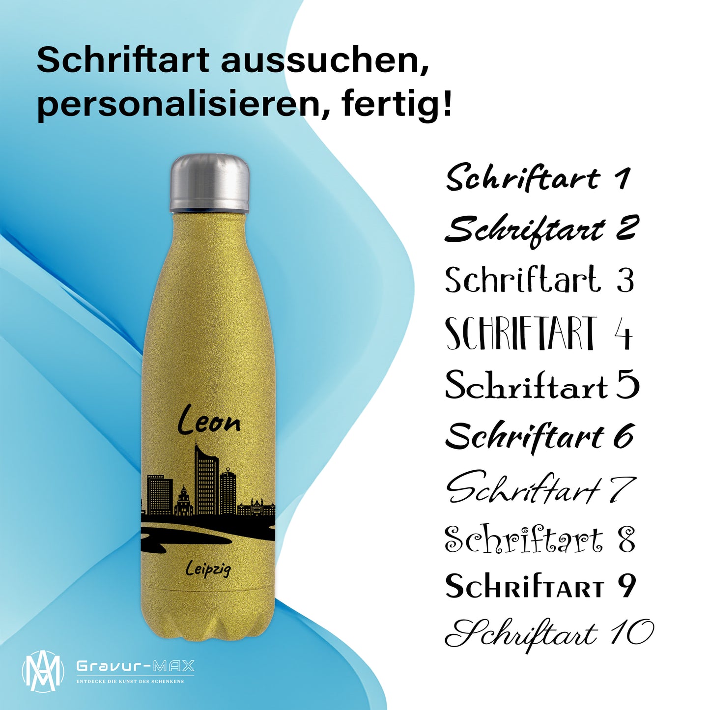 Glitzer Trinkflasche in Gold 500ml aus Edelstahl bedruckt mit der Skyline von Leipzig personalisierbar mit Wunschname