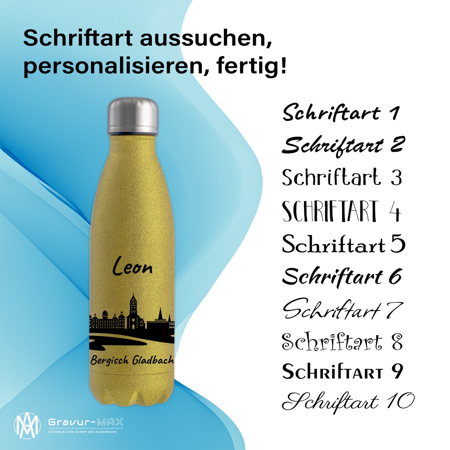 Glitzer Trinkflasche in Gold 500ml aus Edelstahl bedruckt mit der Skyline von Bergisch Gladbach personalisierbar mit Wunschname
